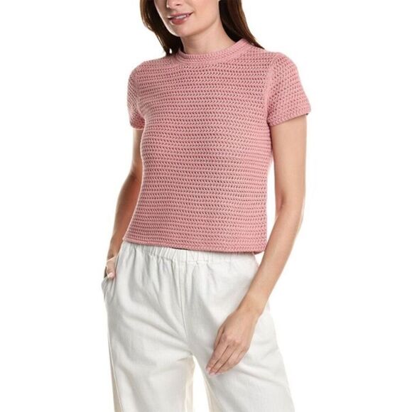 NWT Vince Crochet Knit Pink Sweater T Shirt Tee Short Sleeve Size M - Picture 1 of 9